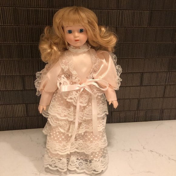 Blonde Hair/Blue Eyed Porcelain Doll in Pink Satin and Lace Dress - Picture 1 of 9